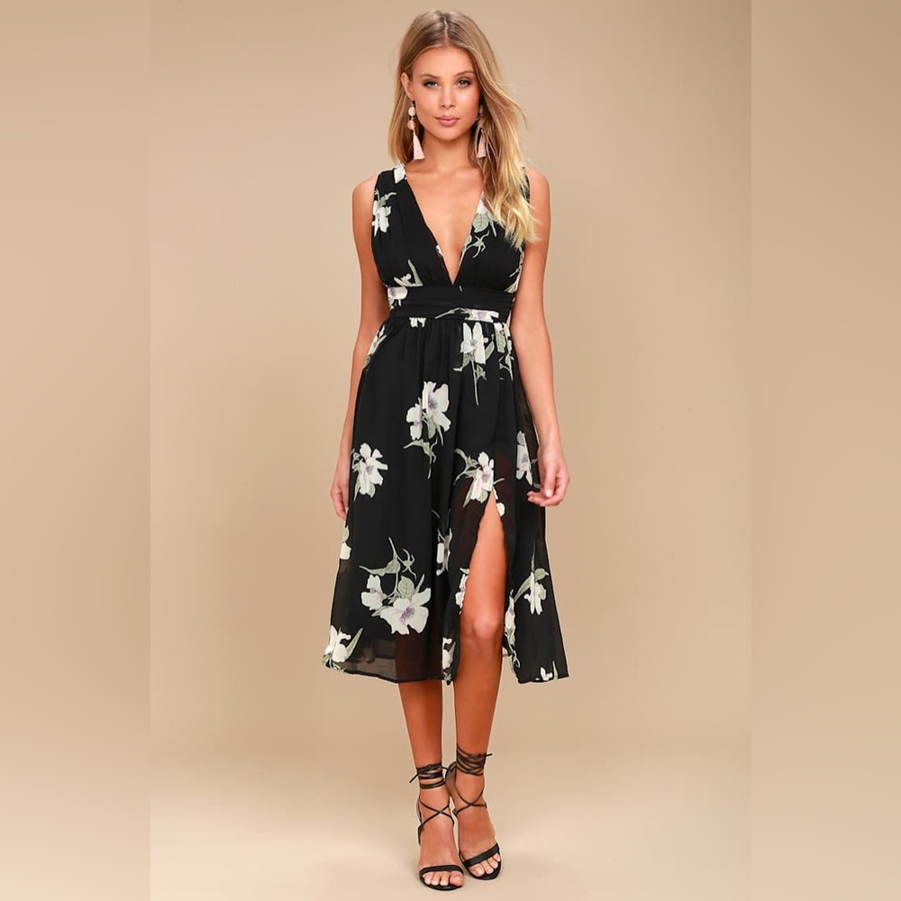 Lulu's Black Floral Midi Dress with Cream Flowers